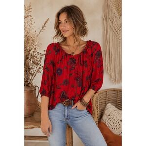 Lucky Brand Red Floral Paisley Boho Peasant Blouse Womens 3X Relaxed Fit Top